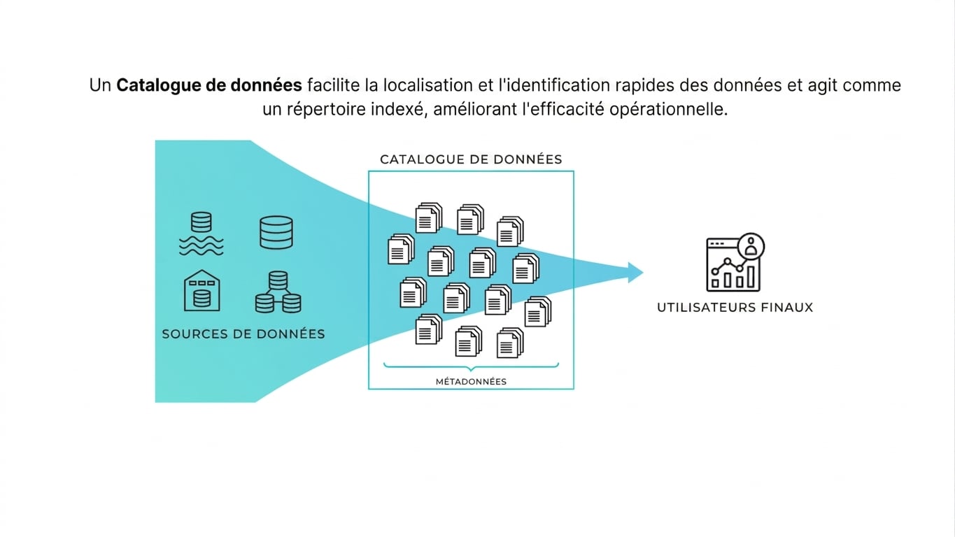 systèmes de données disparates à gauche organisés en pile ordonnée au centre, avec une flèche vers l'utilisateur final à droite