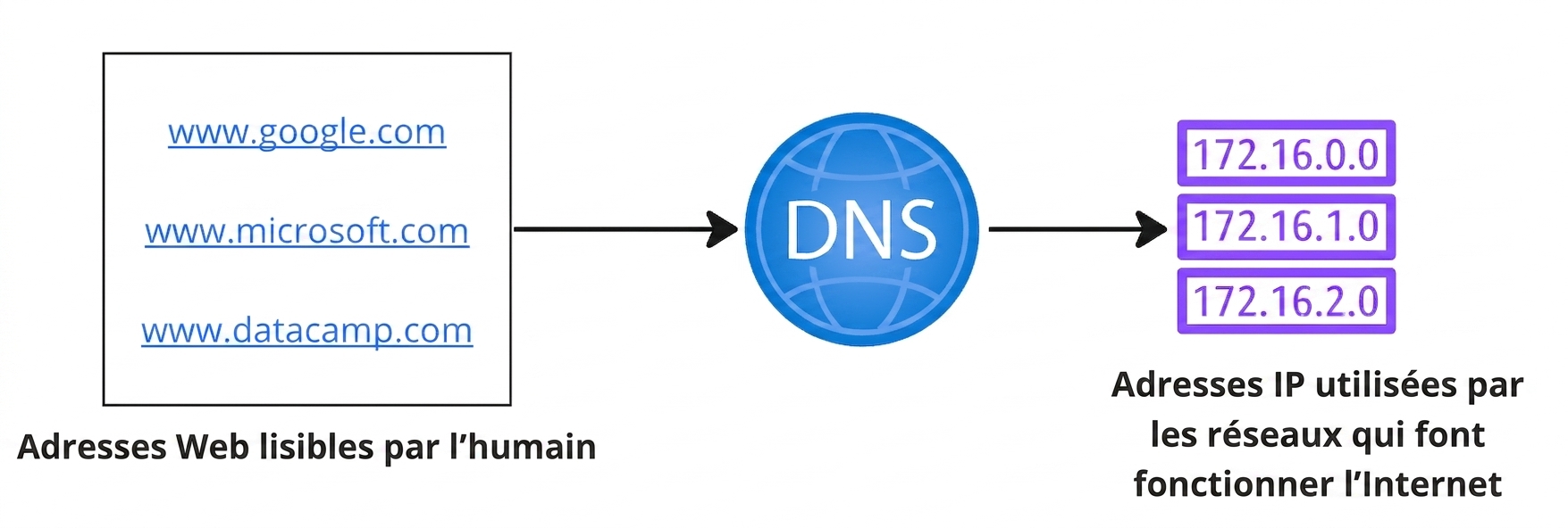 Un organigramme montrant la conversion d'adresses Web lisibles en adresses IP.