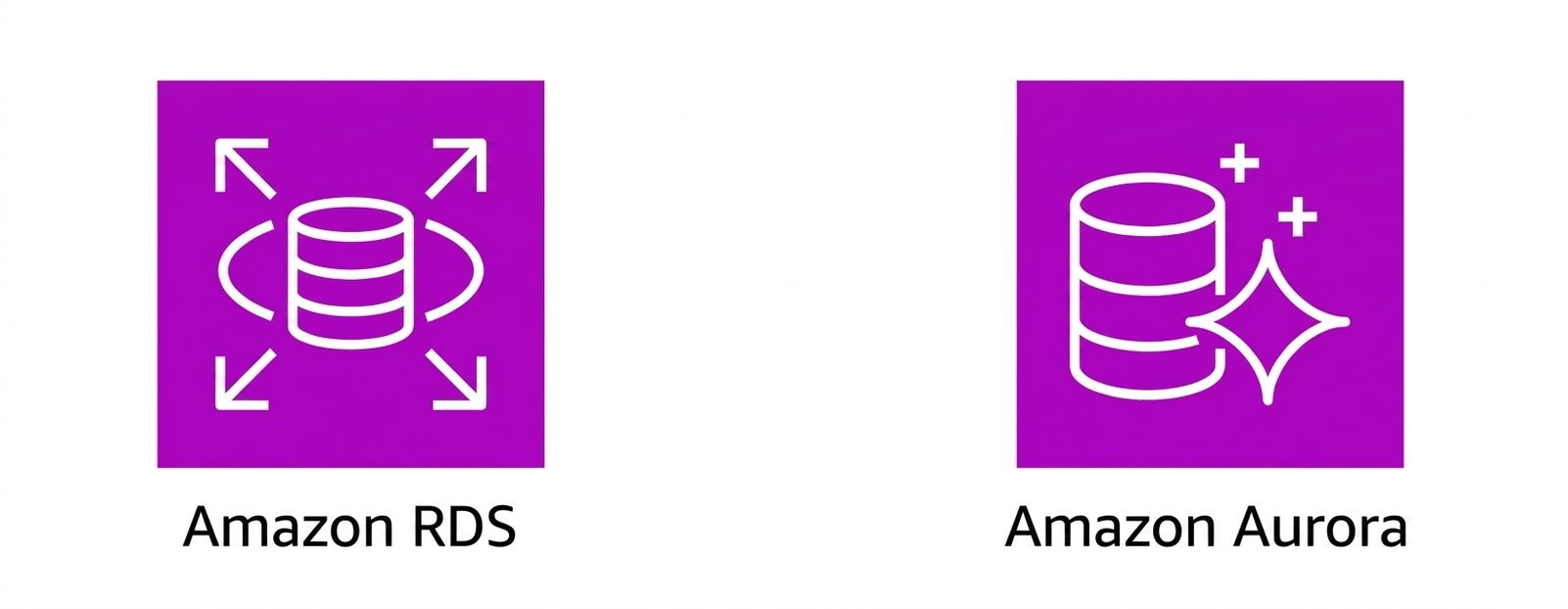 Deux icônes représentant Amazon RDS et Amazon Aurora.