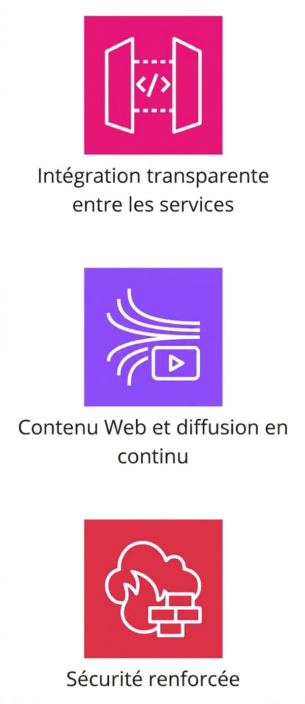 Icônes montrant une intégration harmonieuse entre services, la diffusion Web et une sécurité accrue.