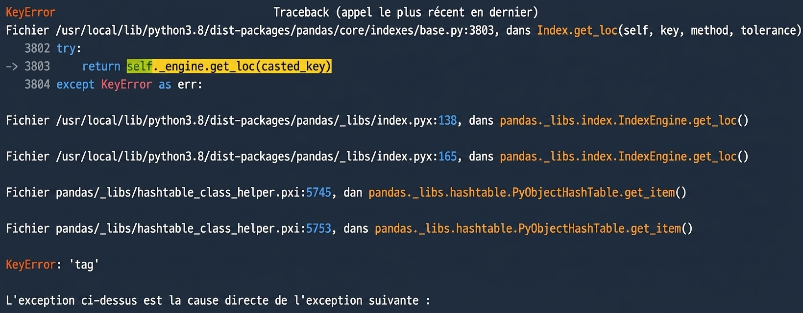 Retraçage indiquant le fichier ayant produit une erreur à l’exécution, ainsi que le type d’erreur KeyError