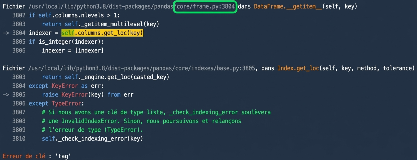 Retraçage montrant du code qui renvoie intentionnellement une erreur