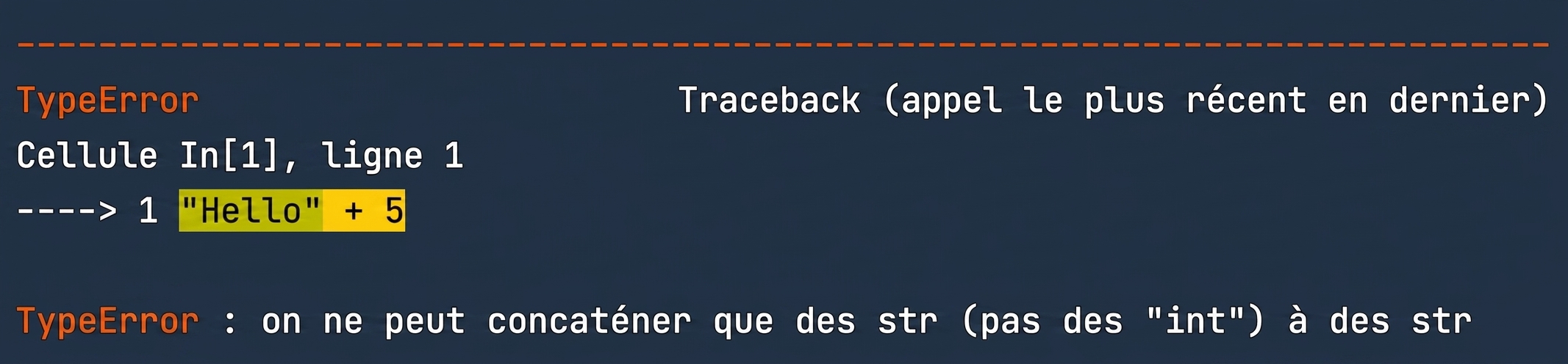 Sortie TypeError indiquant qu’on ne peut pas combiner chaînes et entiers