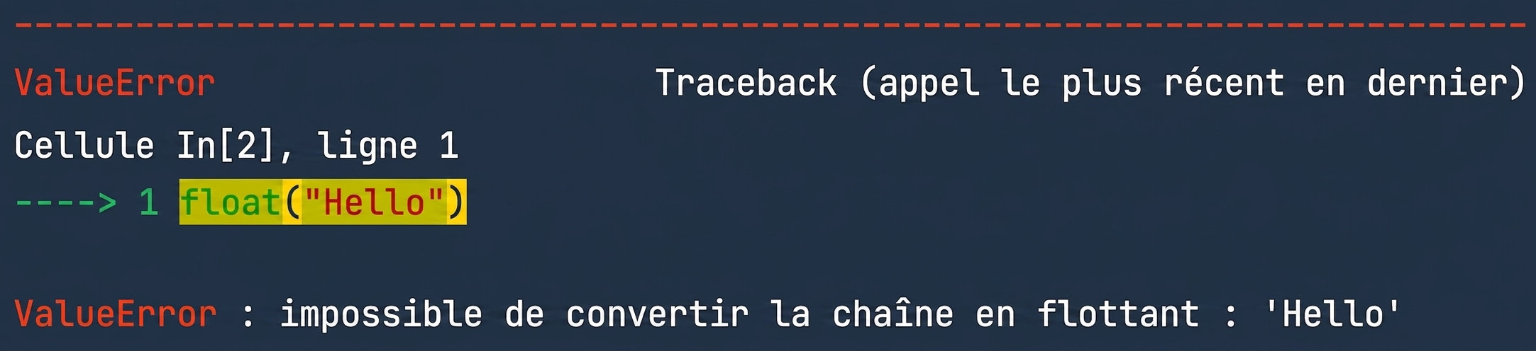 Sortie ValueError confirmant que la chaîne « Hello » ne peut pas être convertie en flottant