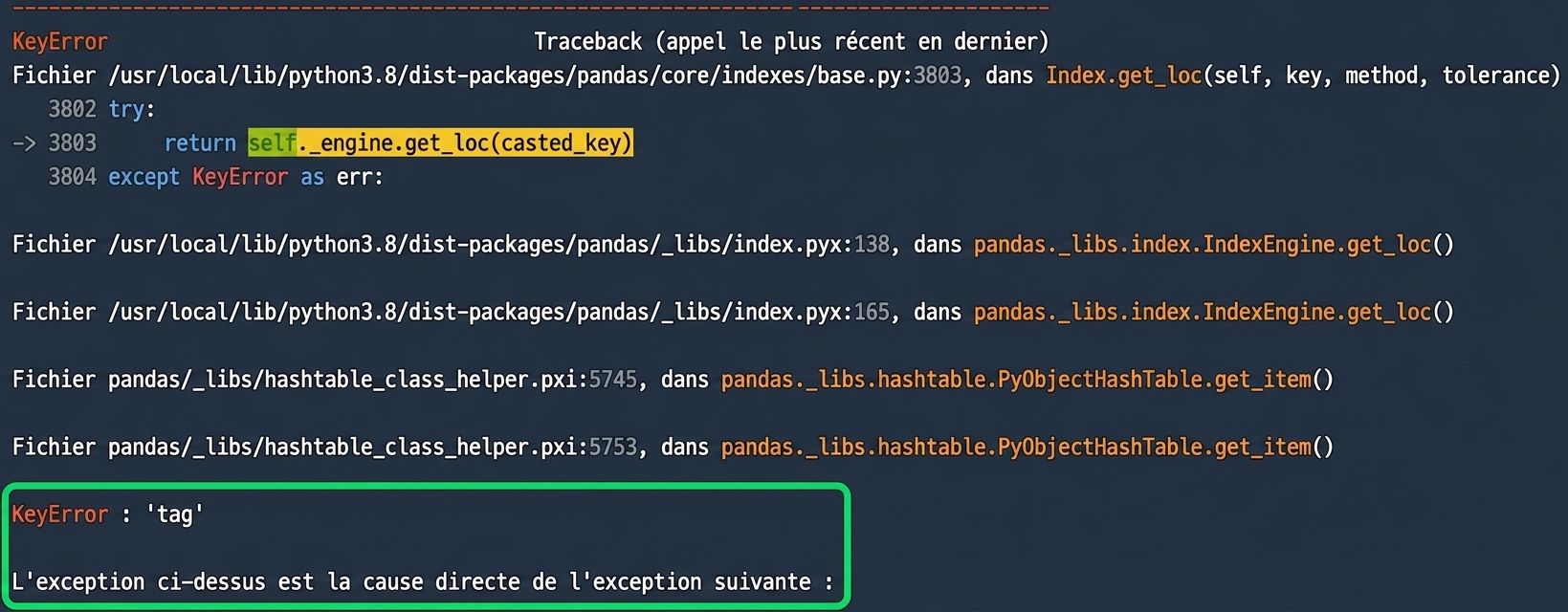 Retraçage avec KeyError en surbrillance