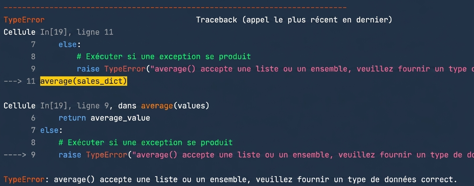 Sortie TypeError affichant le message personnalisé demandant le bon type de données