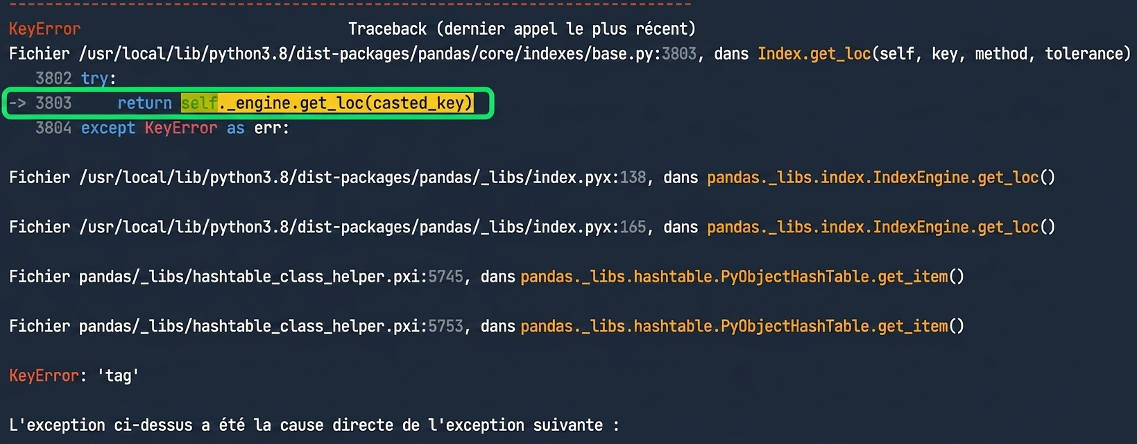 Retraçage avec la ligne 3803 en surbrillance
