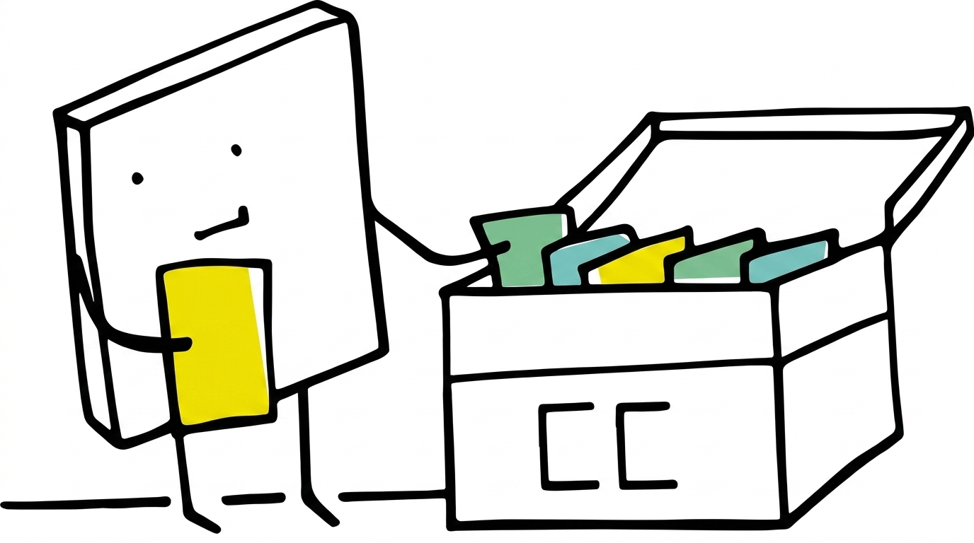 Personnage ludique classant des invites dans une boîte d'archives