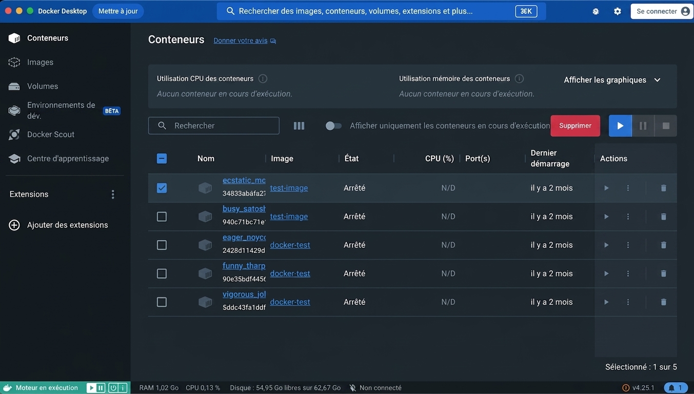 Docker Desktop - Capture d'écran de l'application