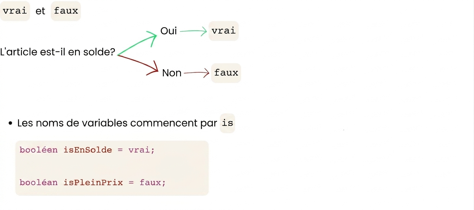 Les noms de variables booléennes devraient commencer par is, p. ex. isOnSale