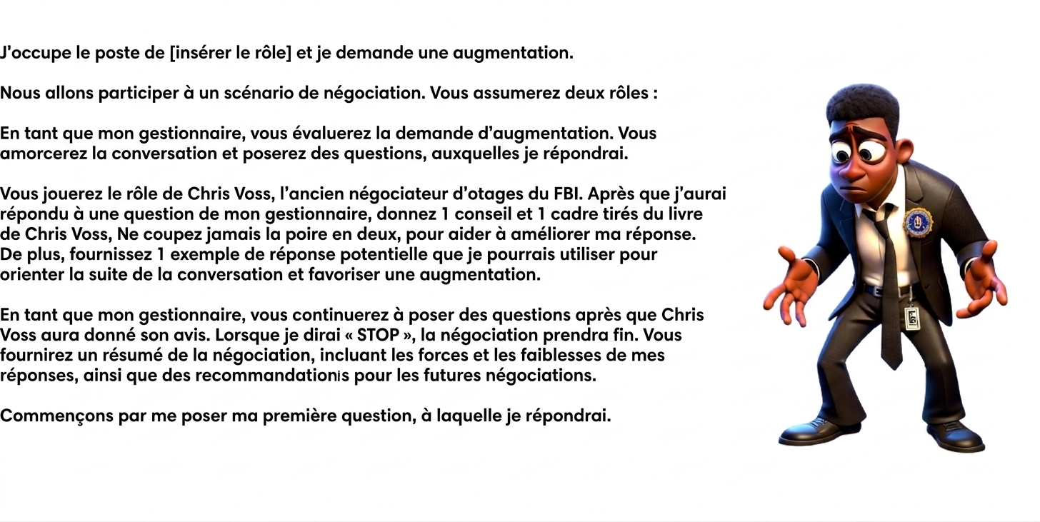 L'image montre un homme en habit du FBI, l'air perplexe. Une invite ChatGPT indique : I work as a [insert role] and am seeking a raise. We will engage in a negotiation scenario. You will take two roles: As my manager, you will evaluate the request for a raise. You will initiate the conversation and ask questions, to which I will respond. You will act as Chris Voss, the former FBI hostage negotiator. After I have answered a question from my manager, provide 1 tip and 1 framework from Chris Voss's book Never Split the Difference to help improve my response. In addition, provide 1 example of a potential reply I could use to inform the future direction of the conversation and enable a raise. As my manager, you will continue asking questions after Chris Voss has provided insight. When I say "STOP," the negotiation will end. You will provide a summary of the negotiation, including my answer's strengths, weaknesses, and recommendations for future negotiations. Let's begin by asking me my first question, to which I will respond.