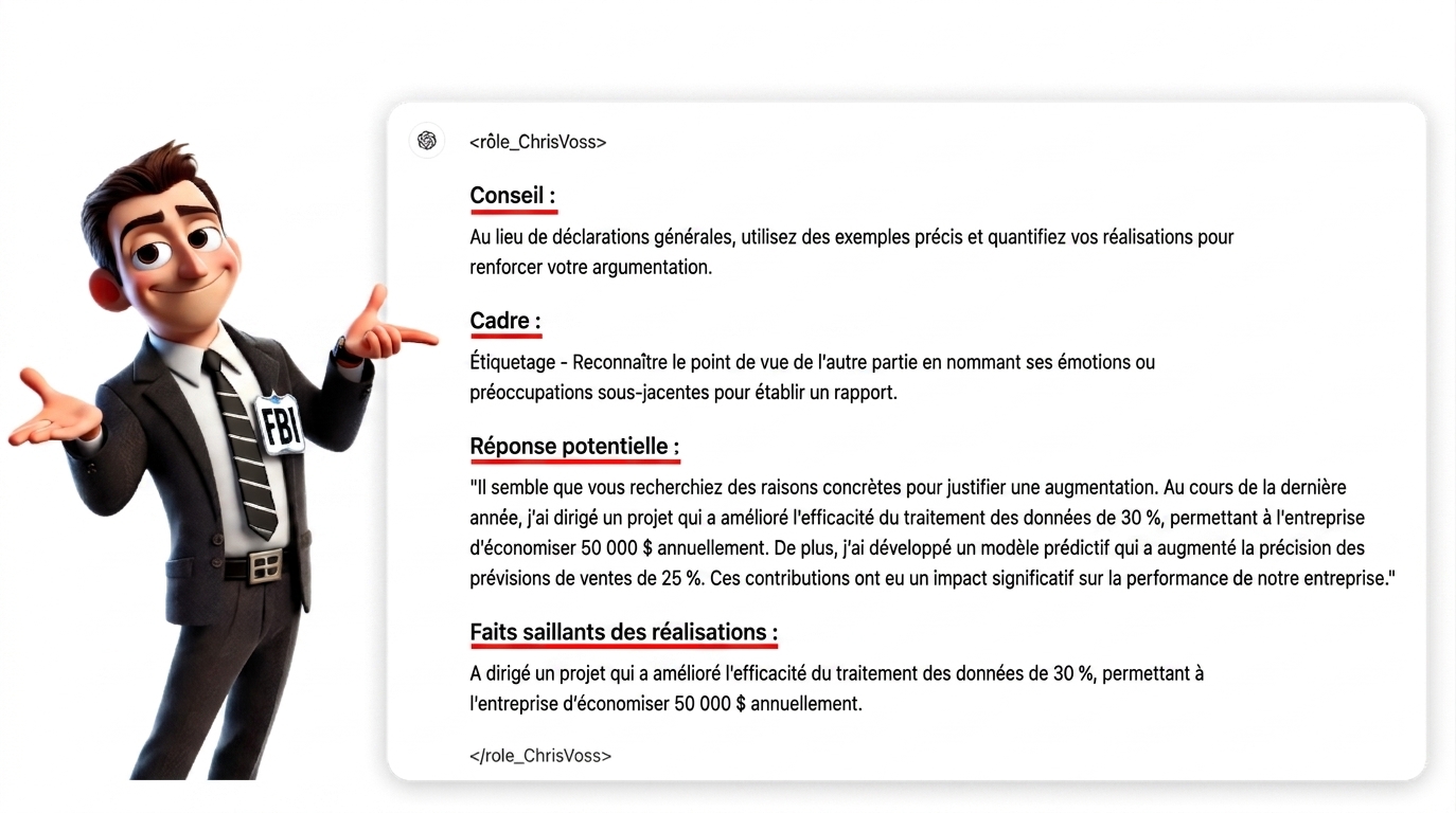 L'image montre un personnage en habit du FBI pointant vers une réponse structurée à une invite