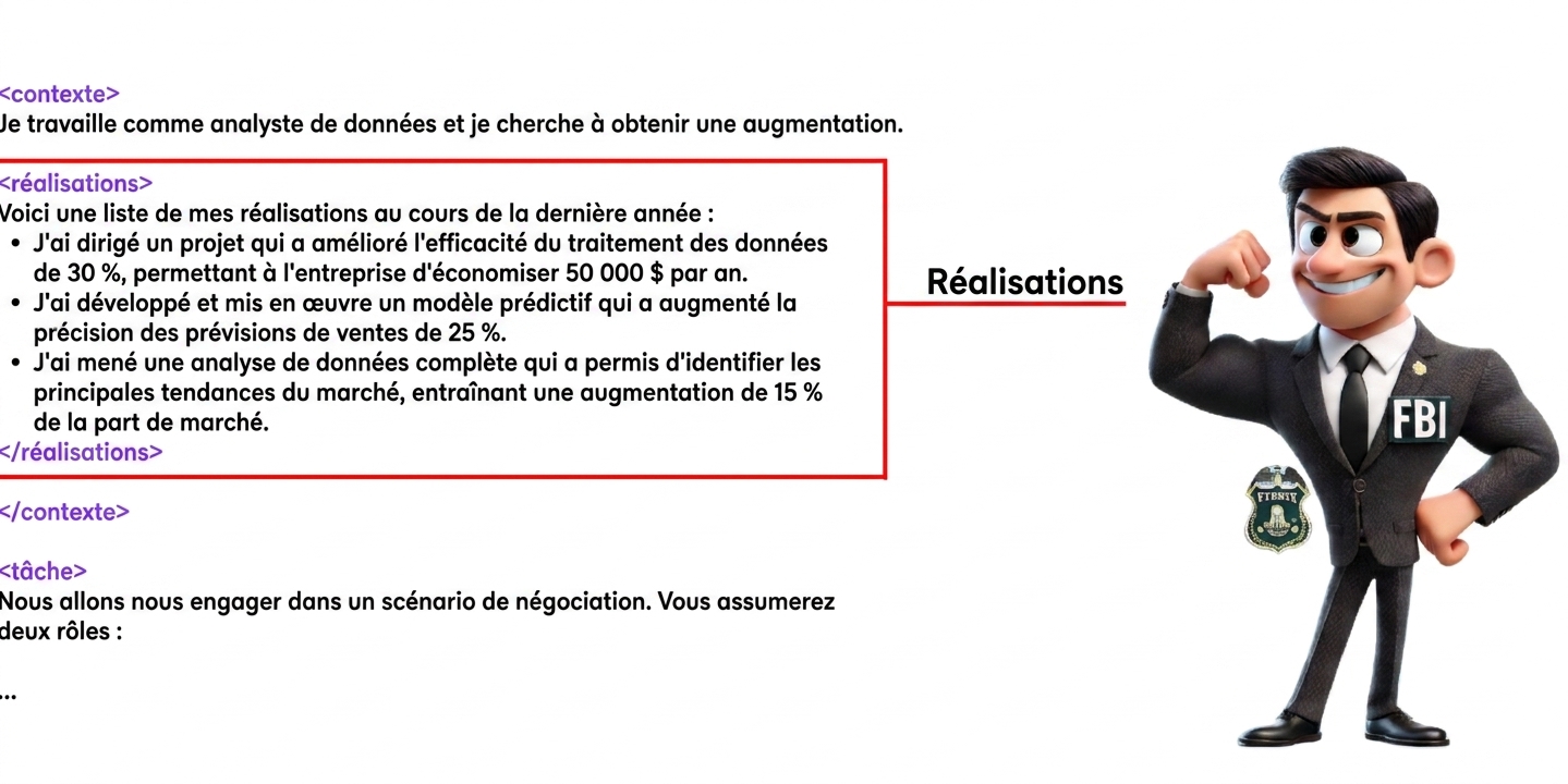 L'image montre un agent du FBI de dessin animé en pose assurée. À gauche, des balises XML : context, achievements et task