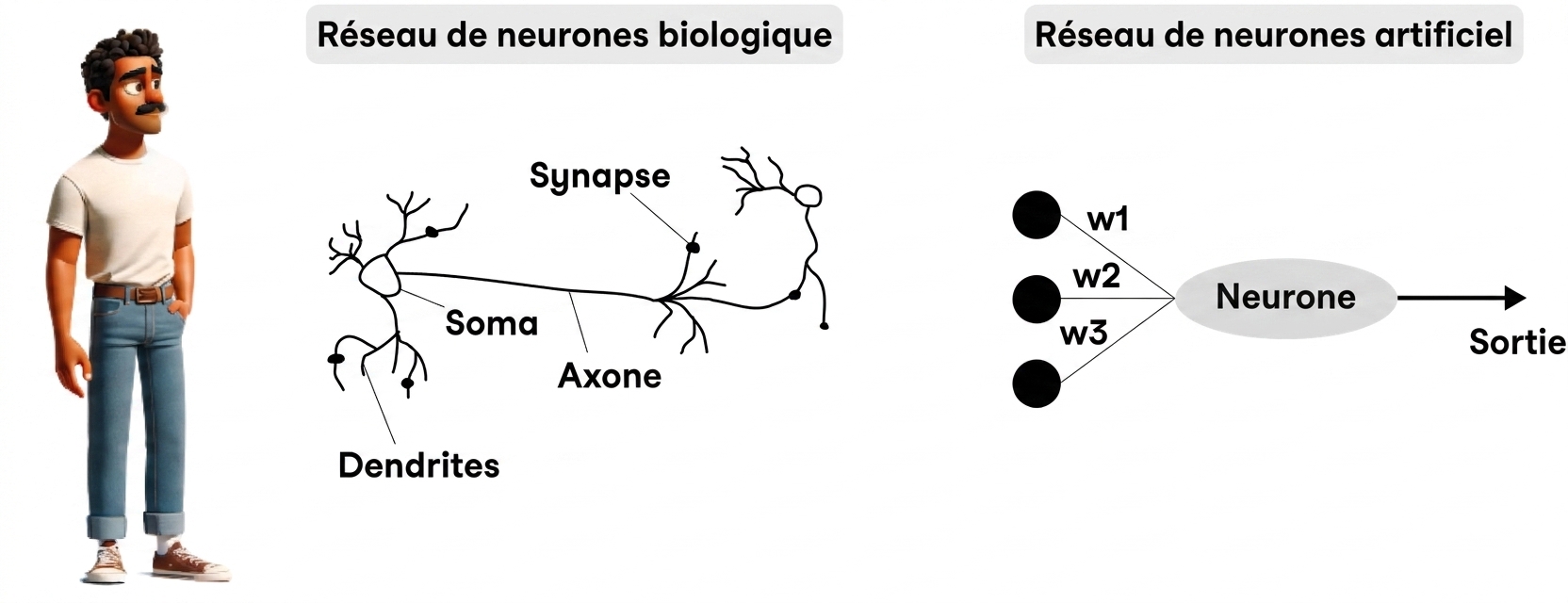 Une illustration montre un homme debout regardant une forme ovale représentant un neurone