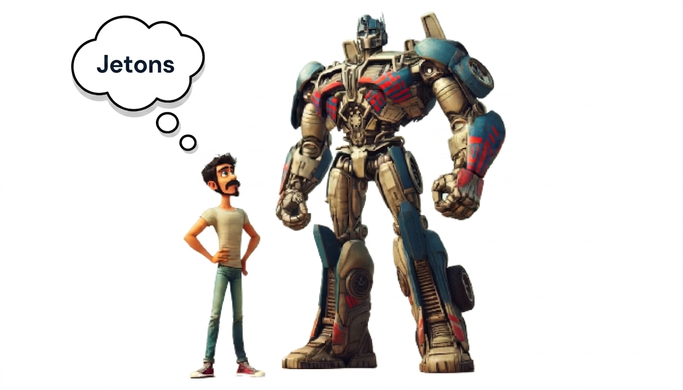 Illustration d'un homme regardant un personnage de type Transformer, imaginant le mot « Tokens »