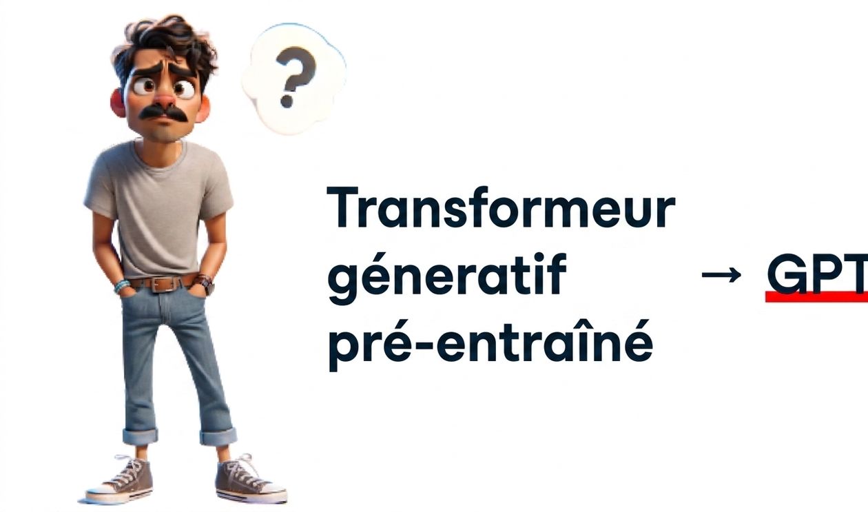 Une illustration montre un homme perplexe avec un point d'interrogation au‑dessus de la tête. À sa droite, le texte « Generative Pre-trained Transformer » est affiché, avec une flèche pointant vers « GPT » en gras et souligné