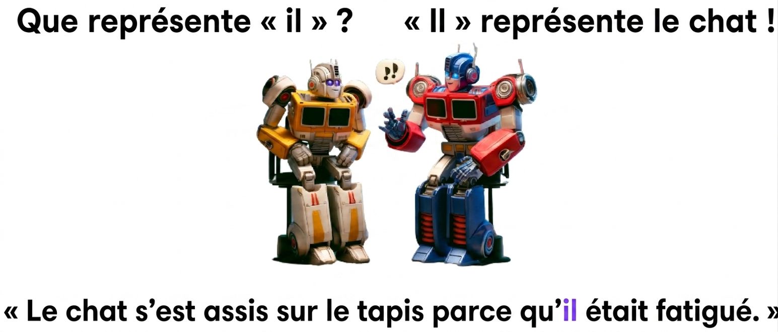 Deux robots colorés assis côte à côte, celui de droite fait un geste de la main comme s'il parlait.