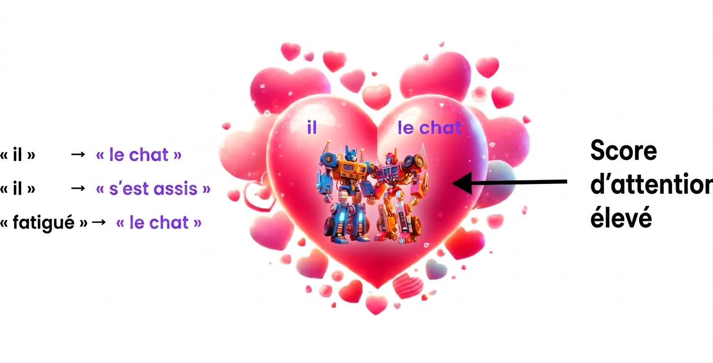 L'image montre deux robots colorés dans un grand cœur rose avec de petits cœurs autour. Le robot de gauche est étiqueté « it » et celui de droite « the cat ». À gauche du cœur, trois fragments de texte s'affichent verticalement : « the cat », « sat » et « the cat », en bleu