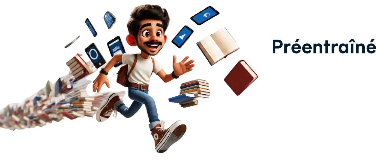 Illustration d'un homme courant avec des livres et des appareils électroniques derrière lui, avec le mot « Pre-trained » à droite