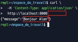 Terminal affichant une requête curl sans nom fourni. Le message de réponse est « Hello Alan. »