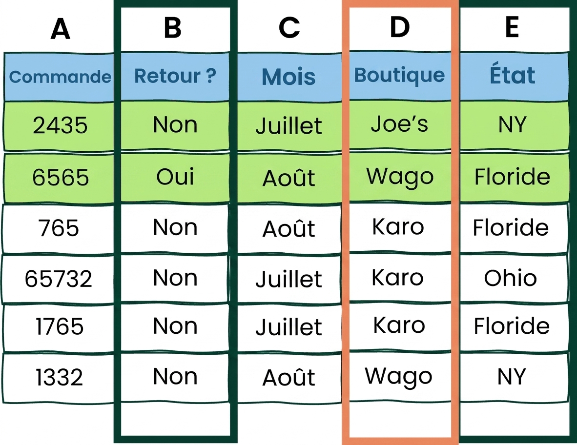 Exemple de tableau Excel avec deux conditions AND et une condition OR