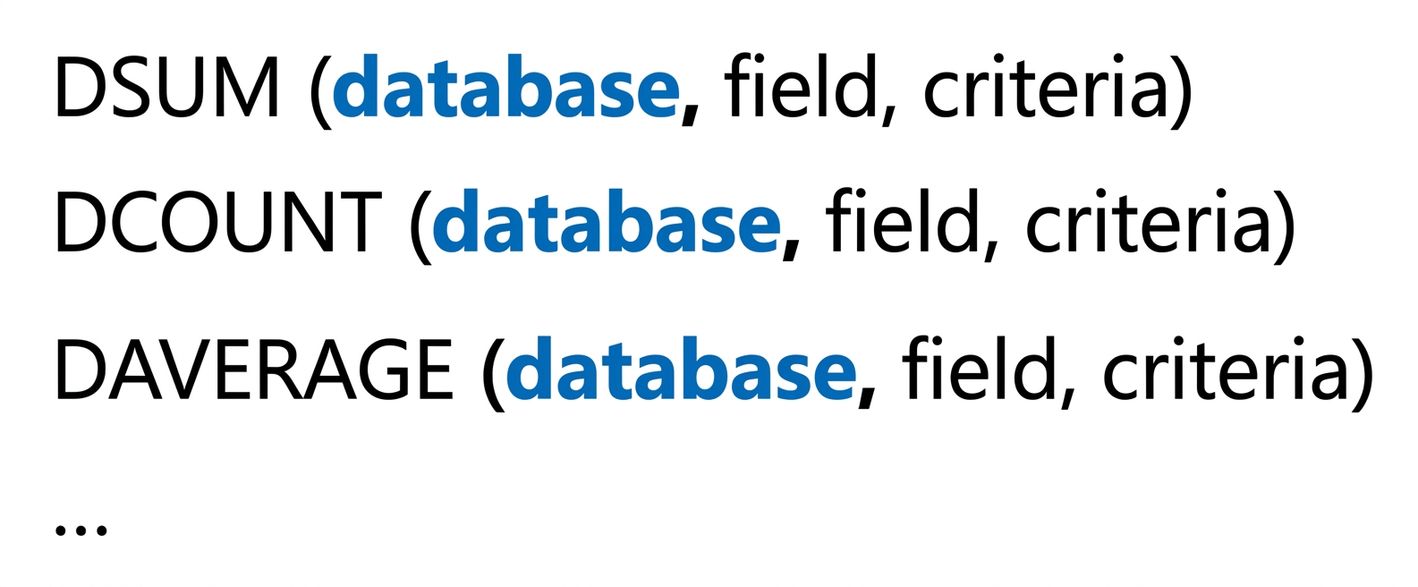 Syntaxe des fonctions de base de données Excel