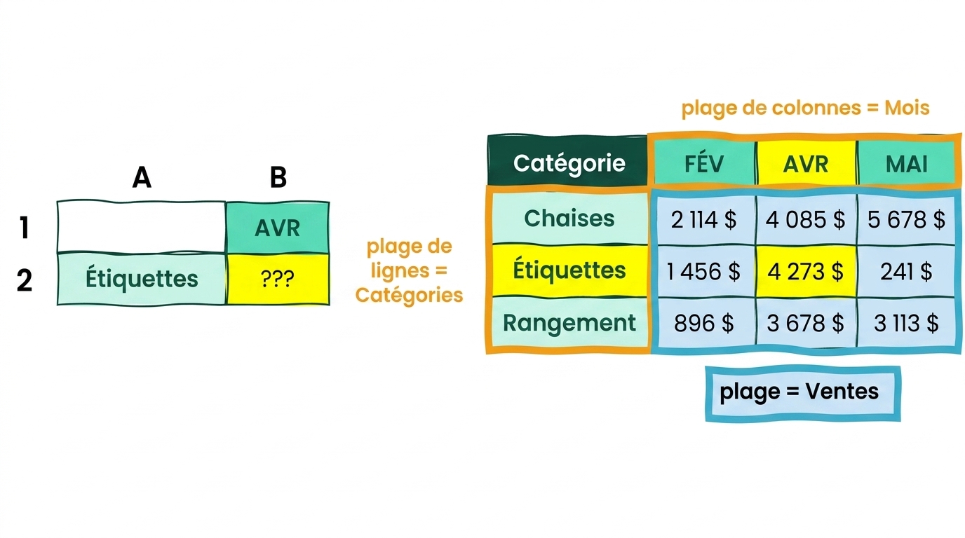 Un tableau Excel avec 5 colonnes et 4 lignes pour illustrer INDEX et MATCH