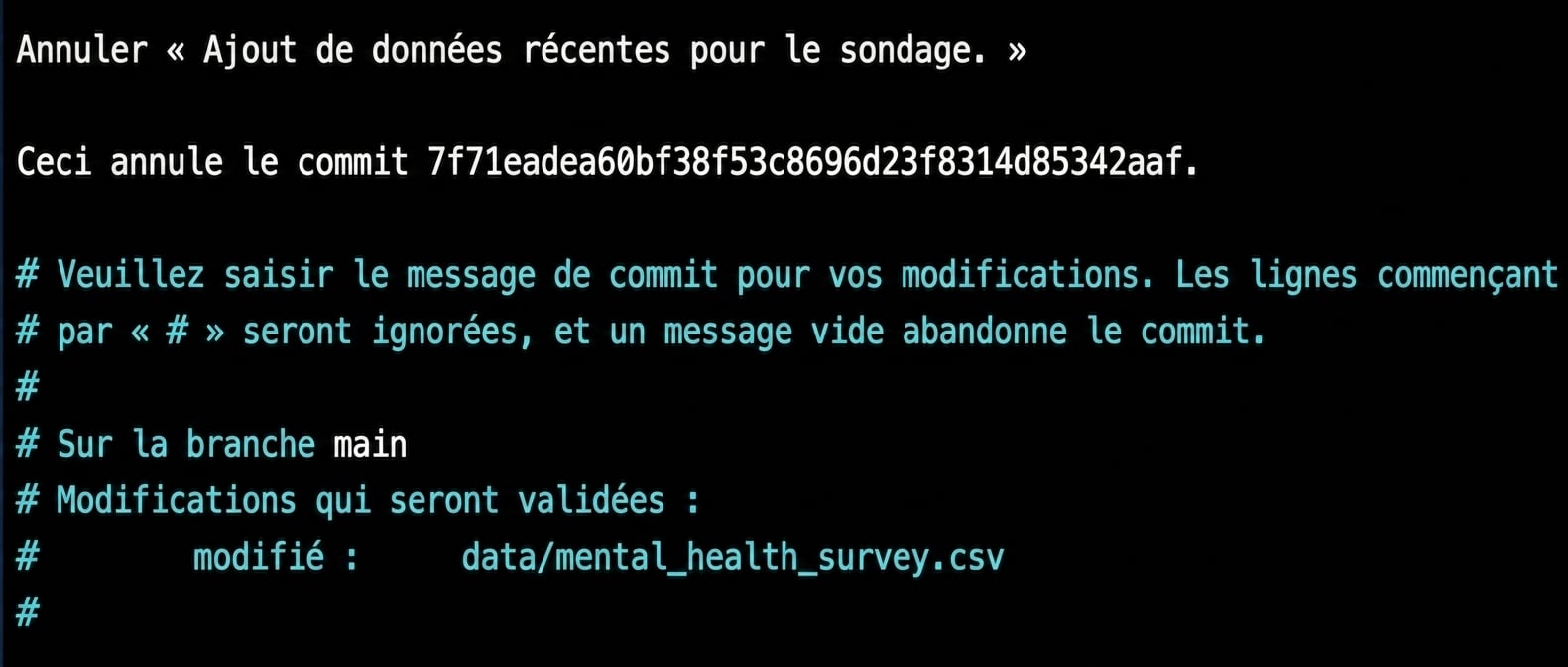 Éditeur de texte montrant le message de commit
