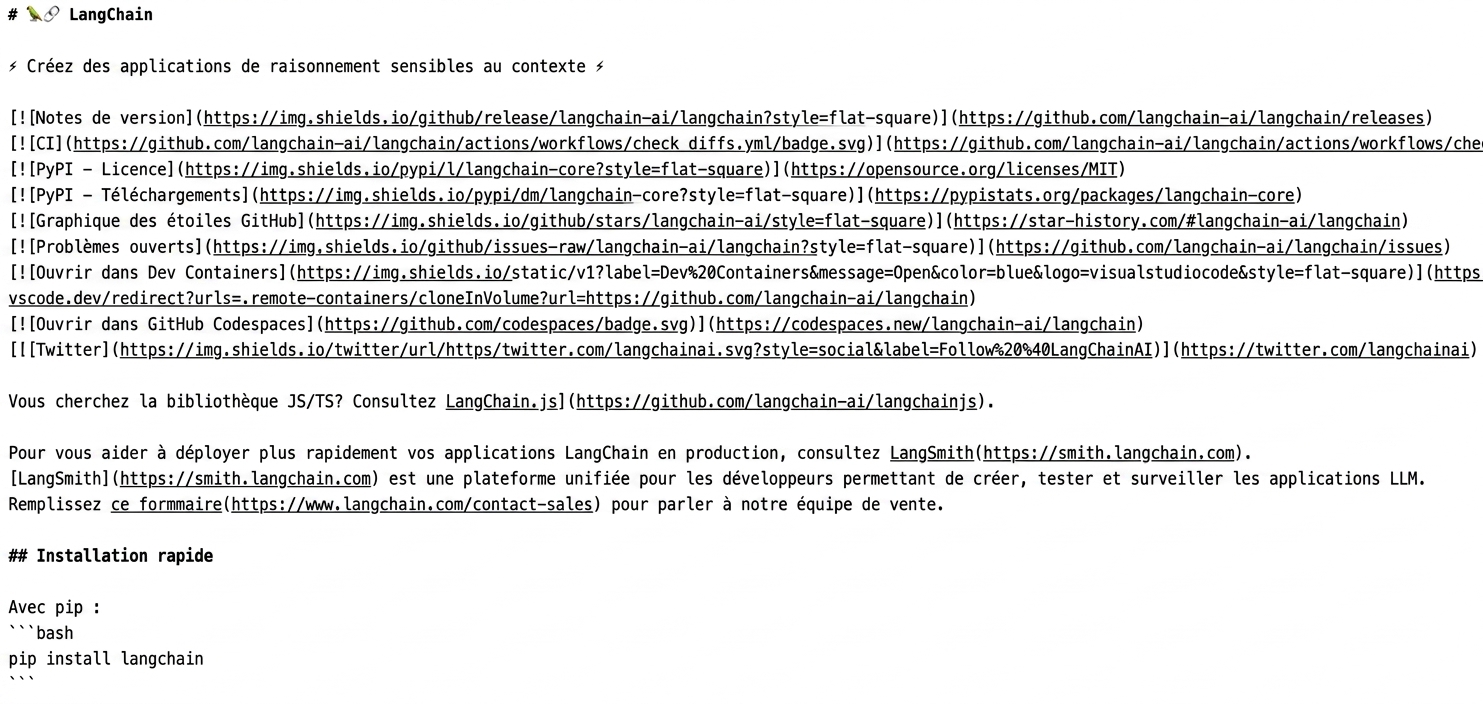Le Markdown brut utilisé pour créer le fichier README dans le dépôt GitHub de LangChain.