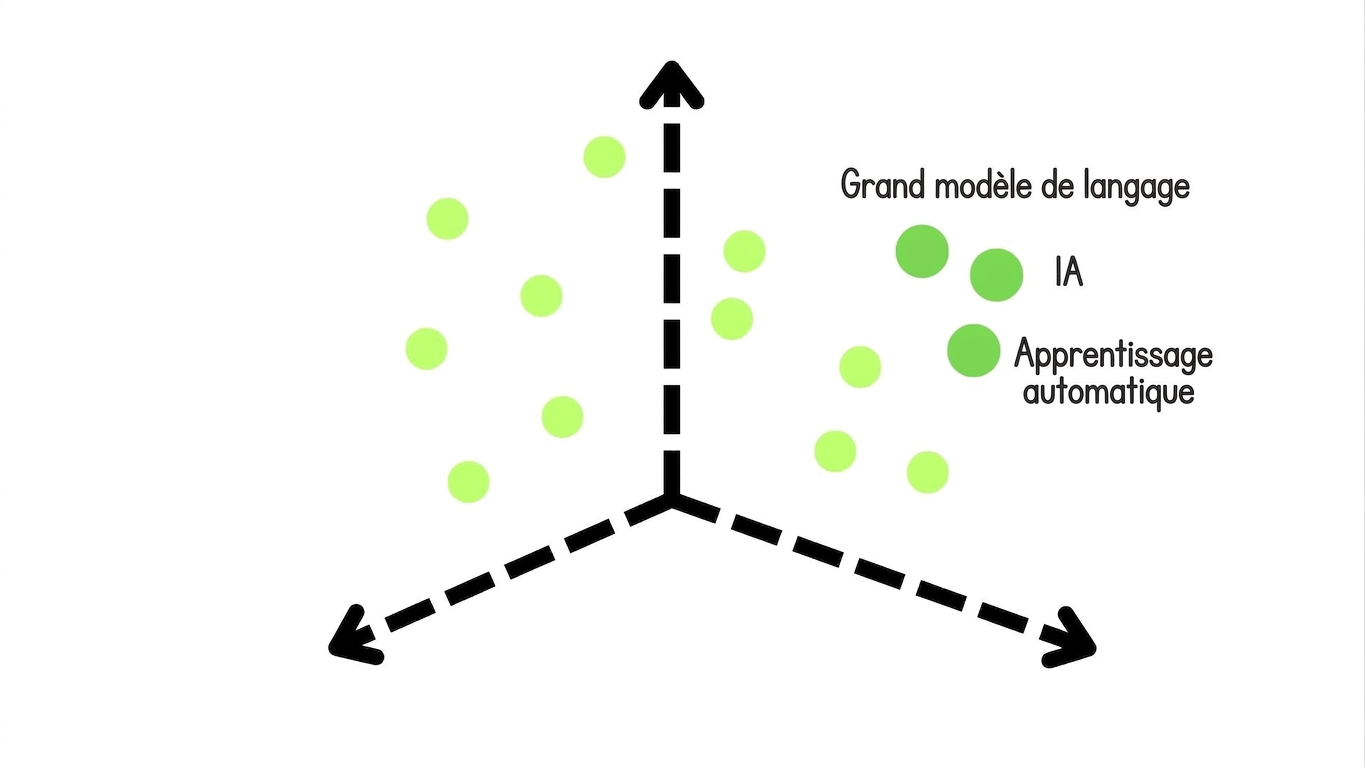 Un espace vectoriel montrant des termes similaires regroupés : Large Language Model, AI et Machine Learning.