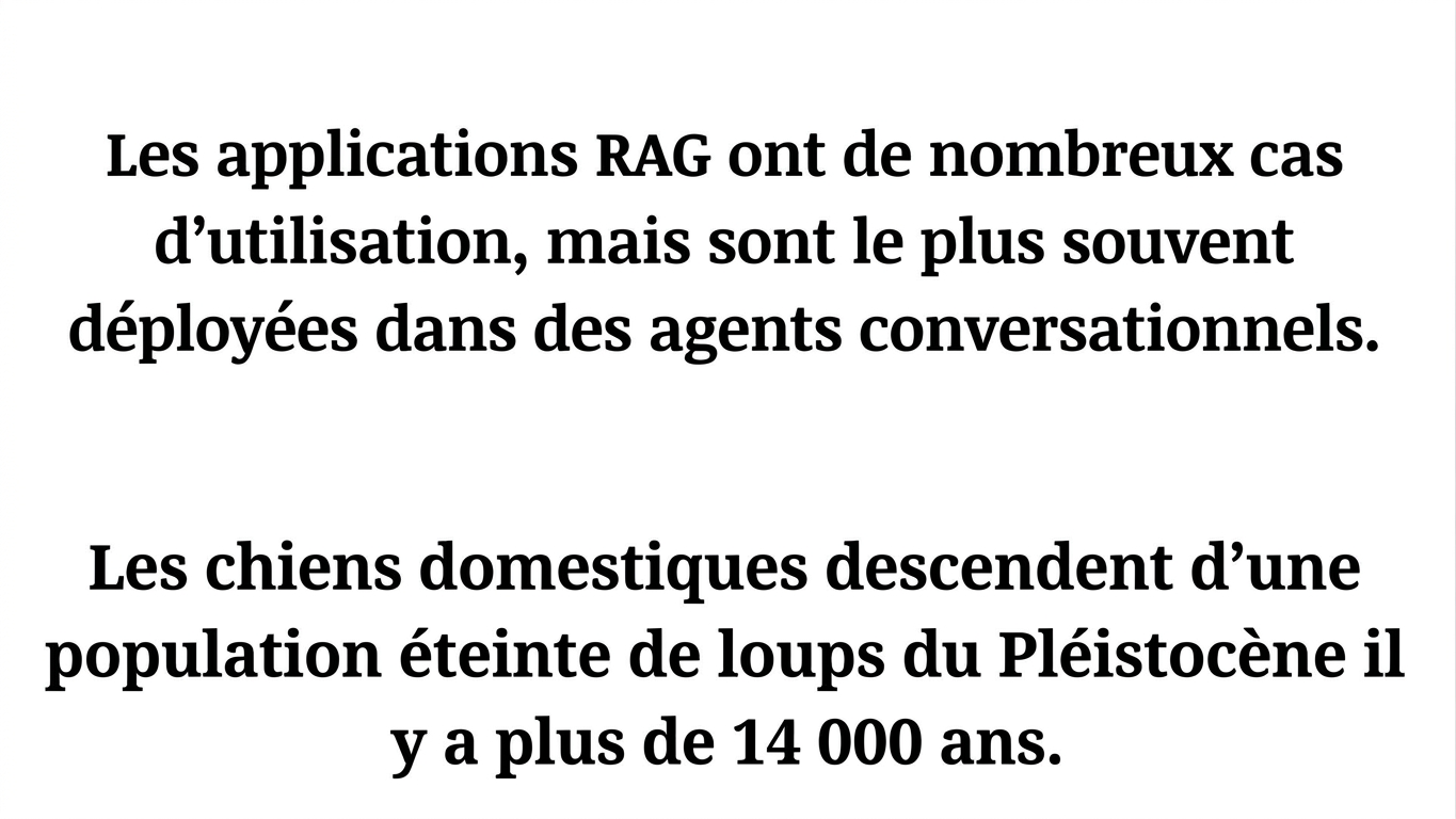Un paragraphe contenant une phrase sur les applications RAG et une phrase sur les chiens.