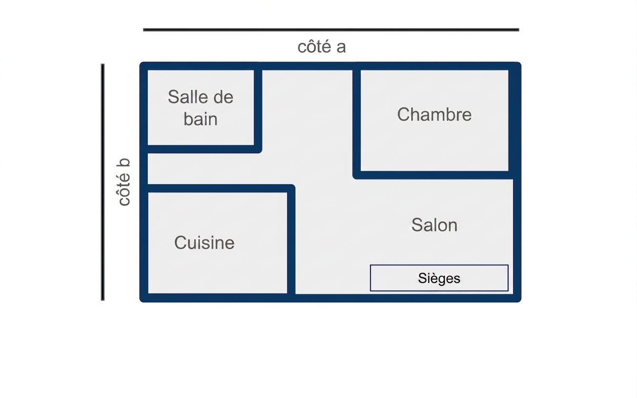 Plan d'un studio rectangulaire avec la longueur et la largeur indiquées « côté a » et « côté b ».