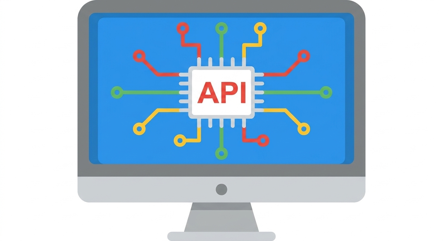 Moniteur de bureau avec une puce au centre et « API » au milieu.