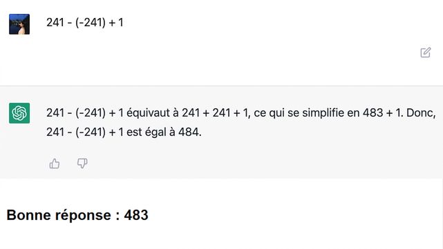 Capture d'écran d'une réponse de maths erronée d'une ancienne conversation ChatGPT. Réponse correcte « 483 » ajoutée au bas de l'image.