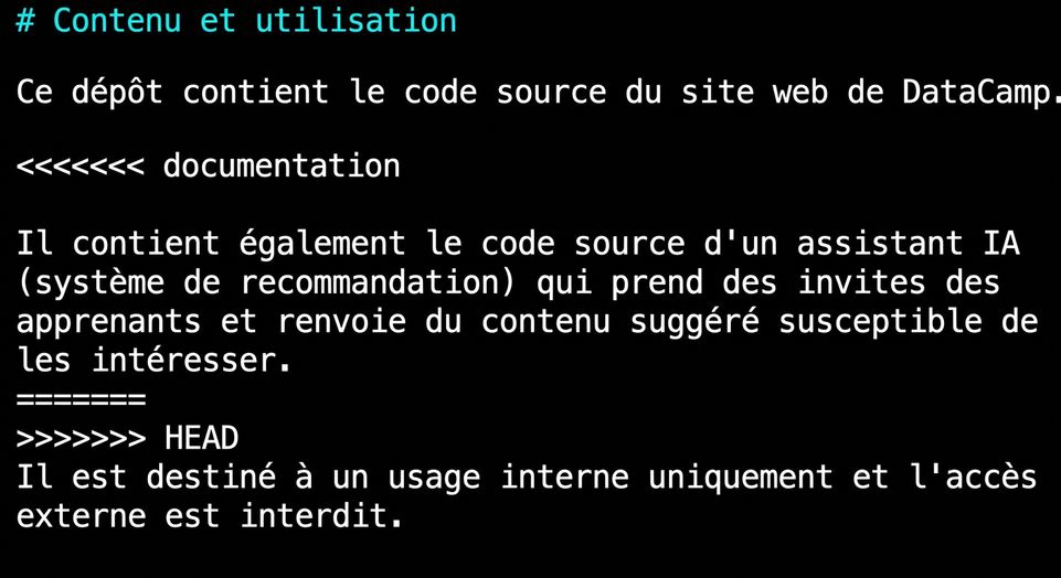 Fichier README affichant les sections de conflit dans nano