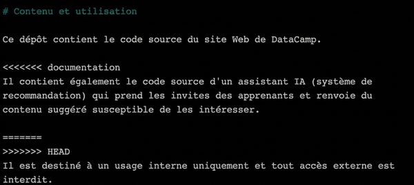 éditeur web nano supprimant la syntaxe Git <<<<<<< documentation, =======, et >>>>>>> HEAD