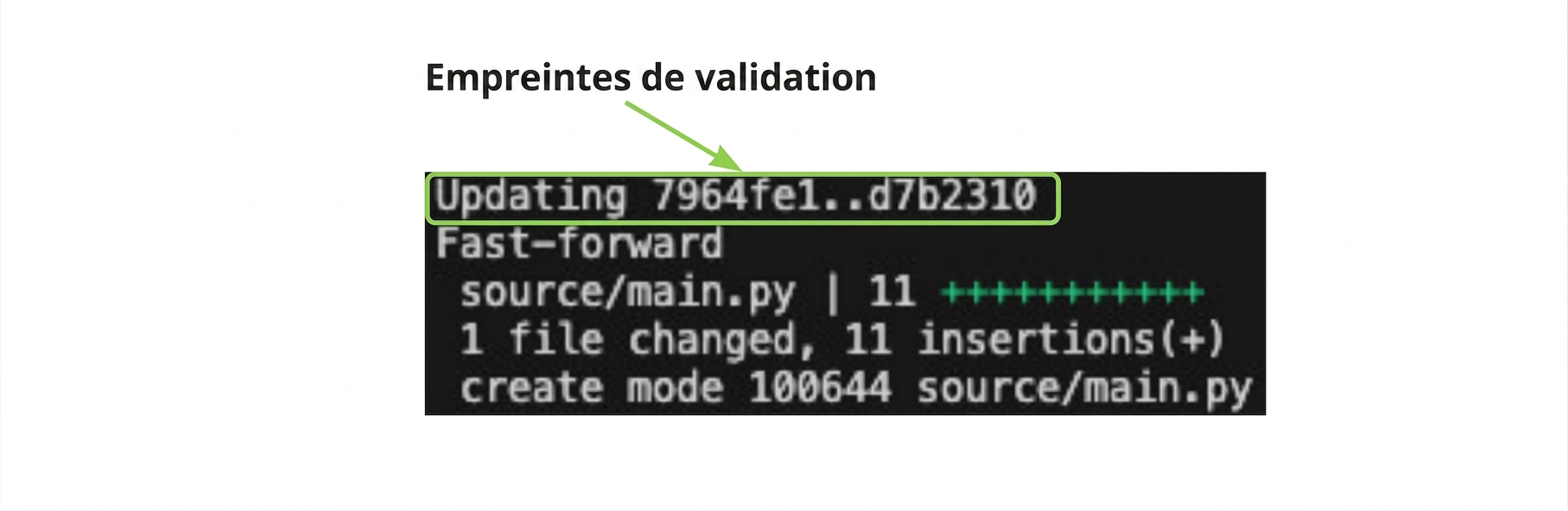 git_merge_output avec un surlignage sur les hachages des commits