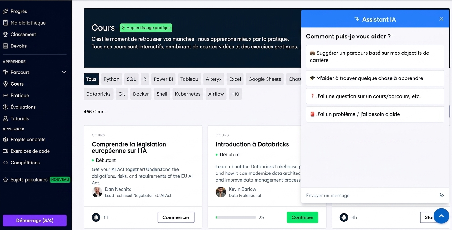 Page des cours DataCamp avec l'Assistant IA