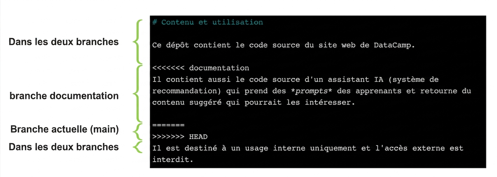 fichier de conflit annoté montrant le contenu dans la branche main versus la branche documentation
