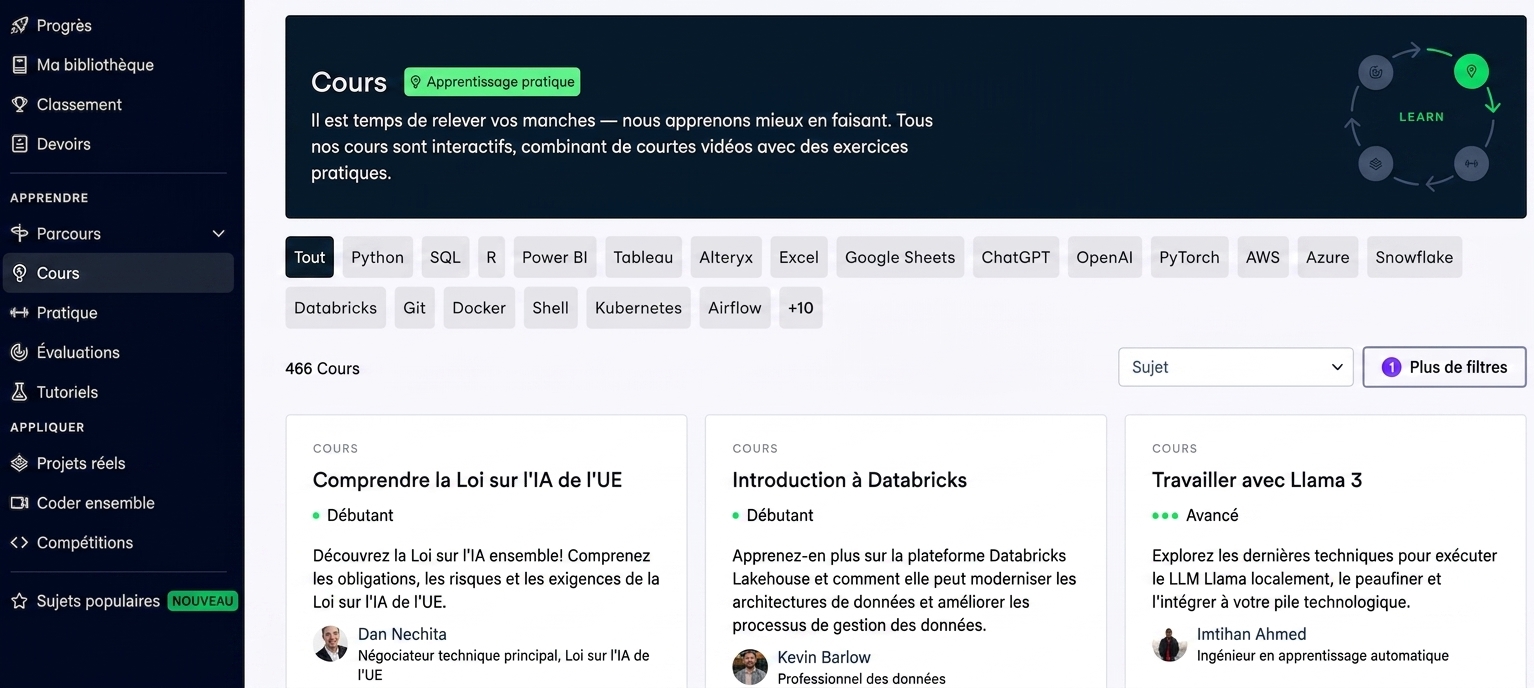 Page des cours DataCamp