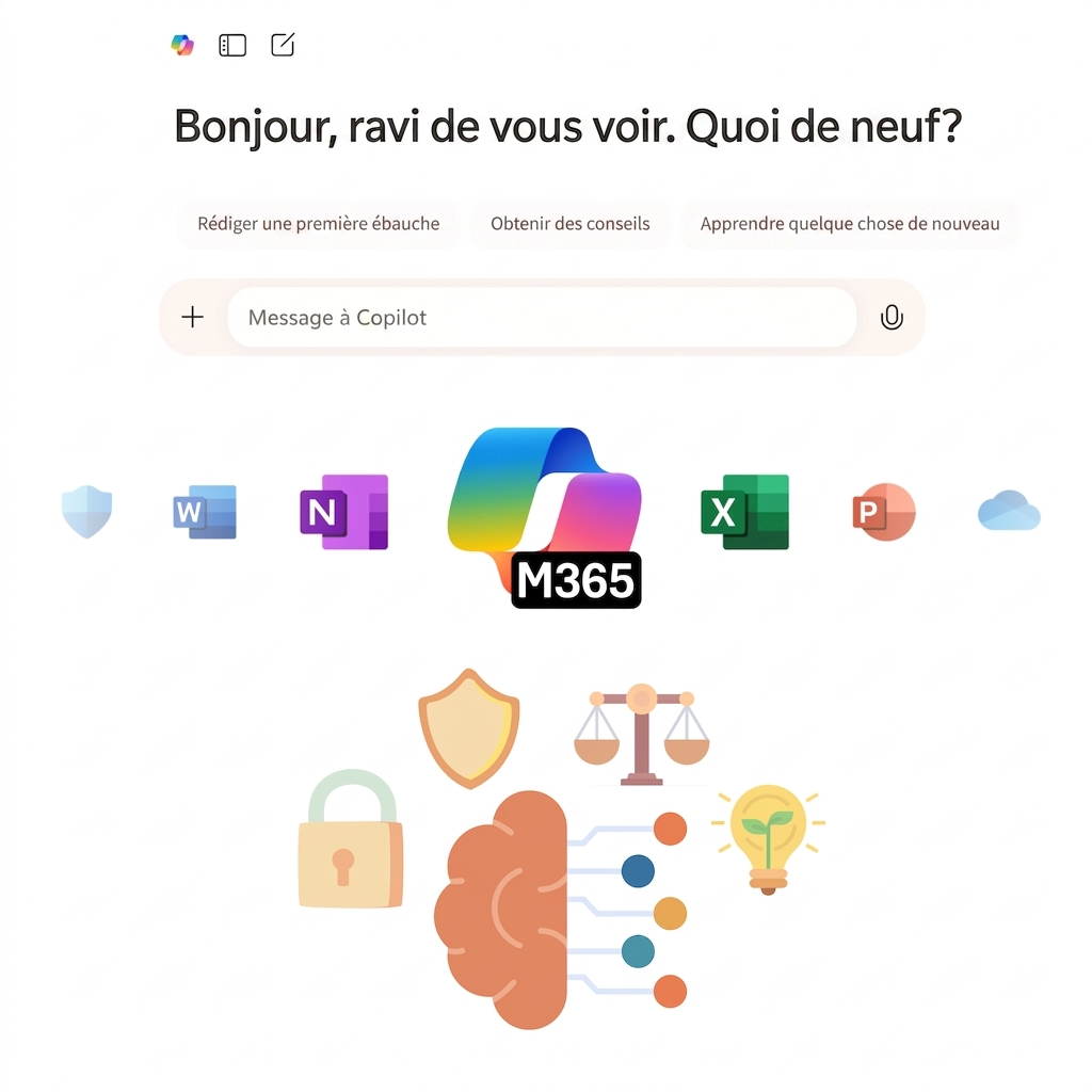 Icône du clavardage Copilot et de Copilot 365, et une icône représentant l'IA responsable