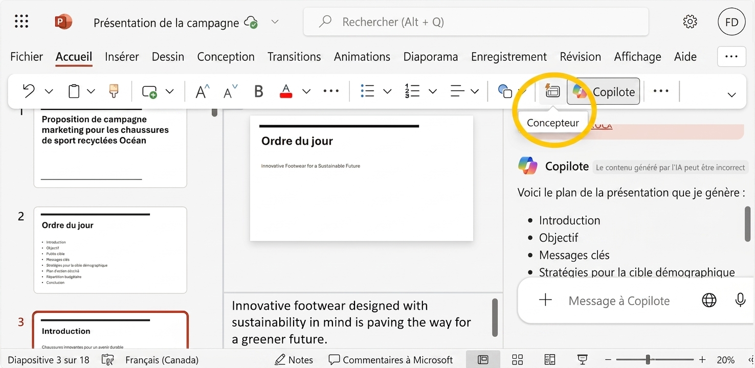 Capture d'écran de la présentation PowerPoint, avec Designer en évidence