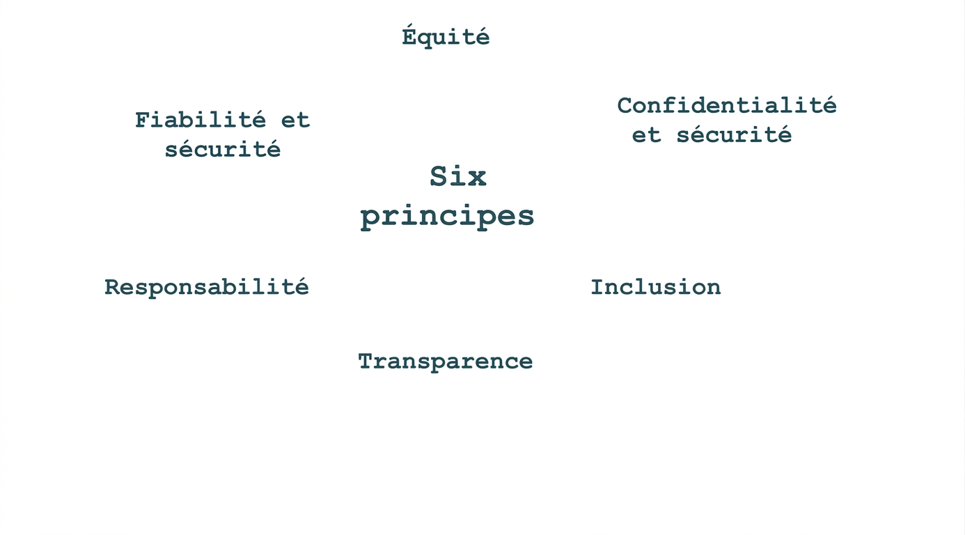 Texte indiquant « six principes », entouré des termes indiquant ces principes : équité, confidentialité et sécurité, fiabilité et sécurité, imputabilité, inclusion et transparence.