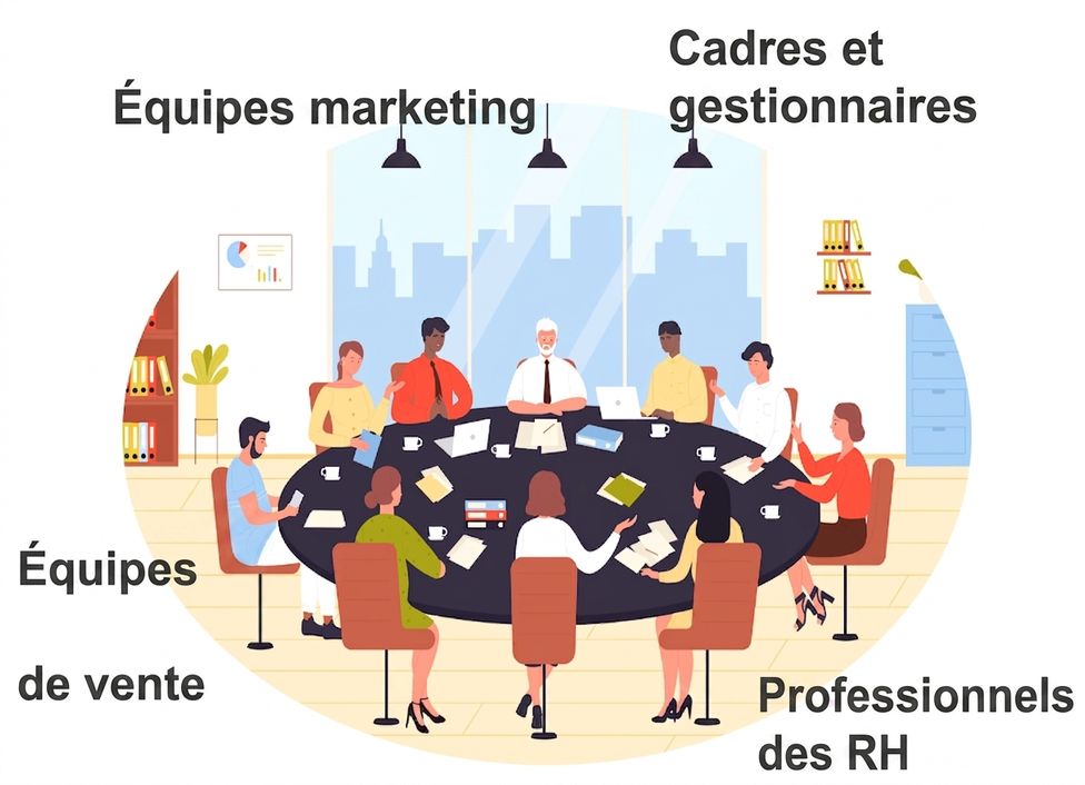 Illustration d'un groupe diversifié de professionnel·le·s — marketing, ventes, RH et dirigeant·e·s — autour d'une grande table de réunion.