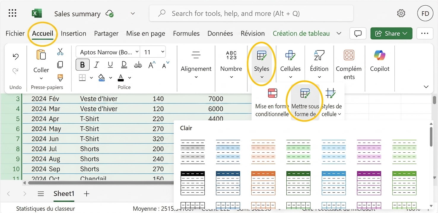 Document Excel montrant comment mettre les données en tableau.