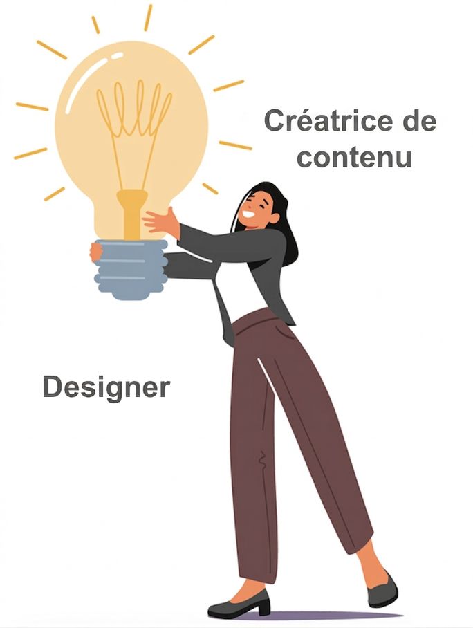 Créateur ou créatrice de contenu ou designer tenant une grande ampoule, représentant les rôles en création et design.