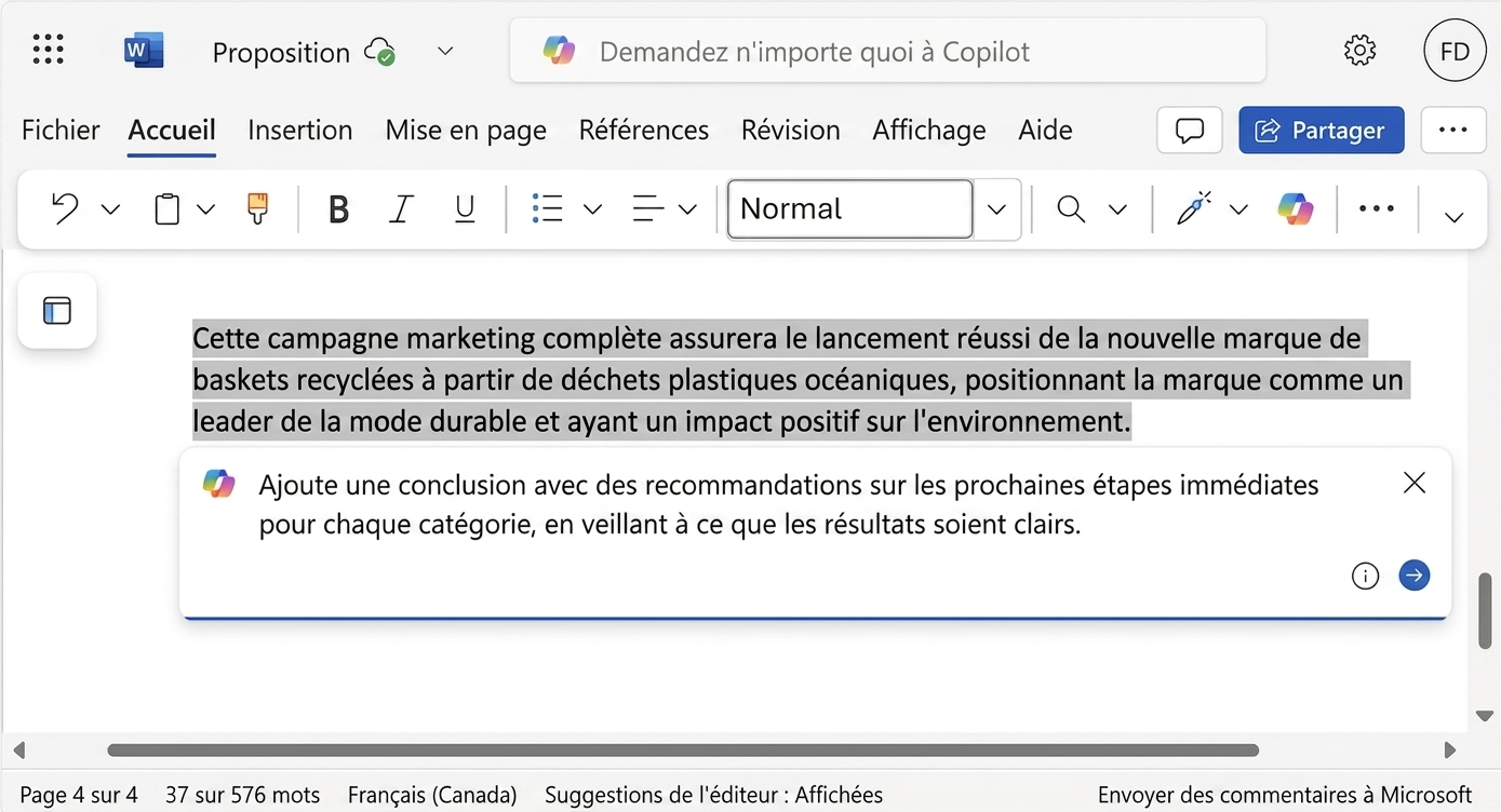 Capture du paragraphe en surbrillance à modifier et du clavardage Copilot où l'utilisateur demande des améliorations.