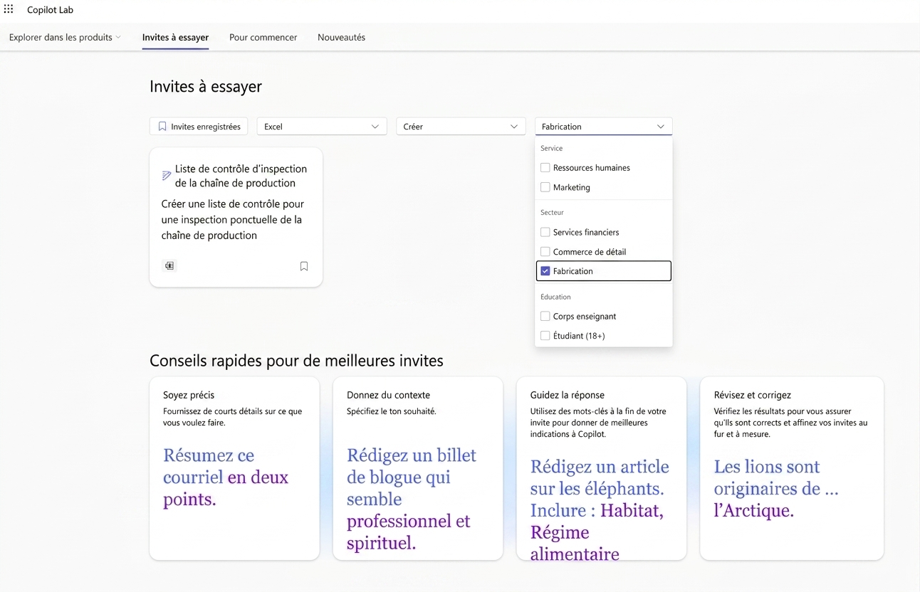 Série d'invites suggérées par Copilot Lab, avec un filtre déroulant.