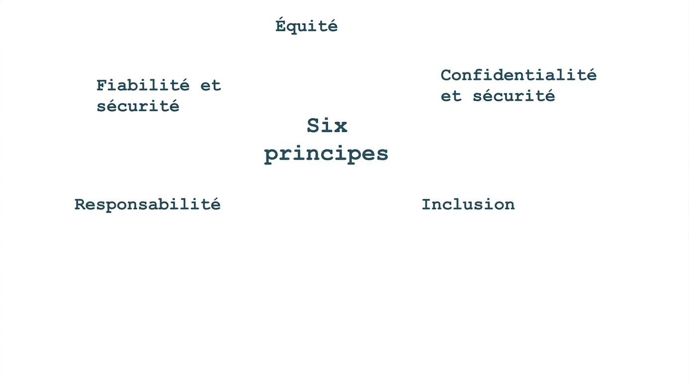 Texte indiquant « six principes », entouré des termes indiquant ces principes : équité, confidentialité et sécurité, fiabilité et sécurité, imputabilité, inclusion