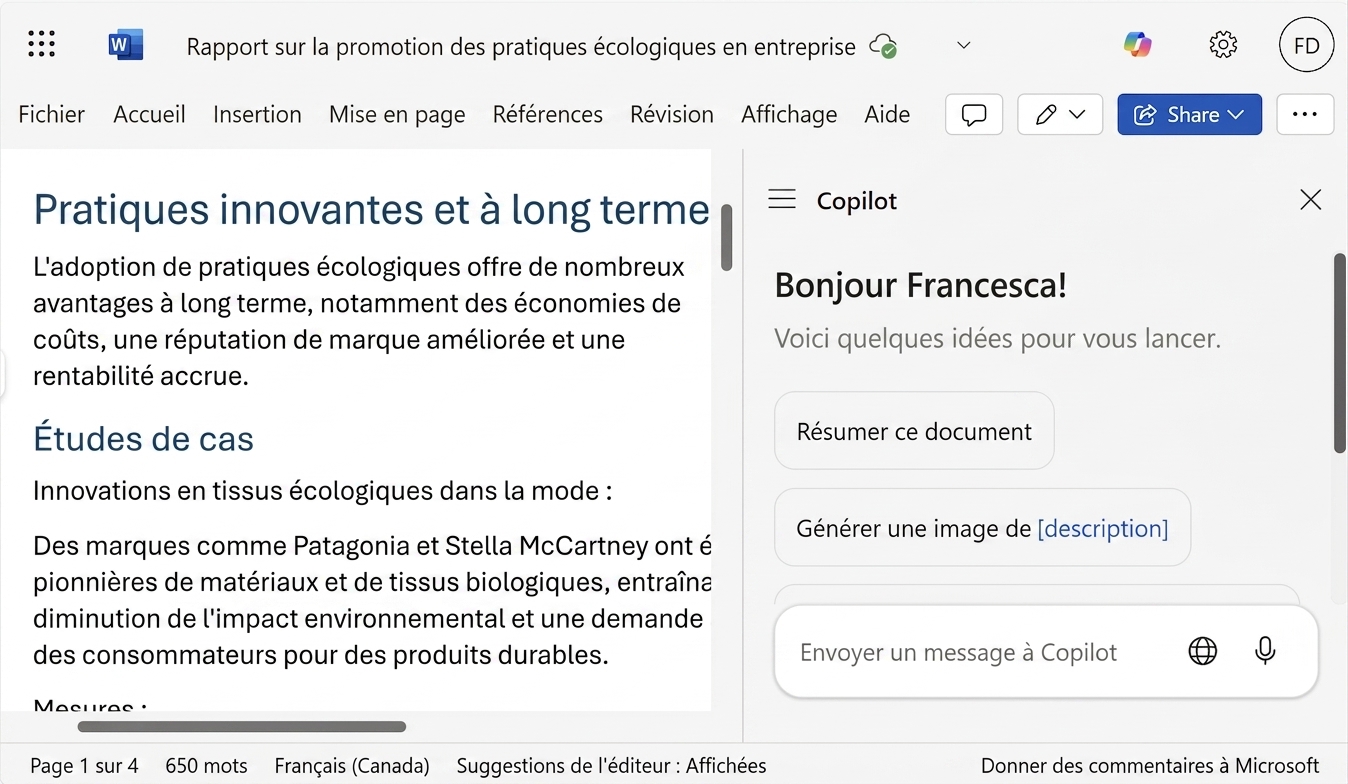 Capture d'un document Word ouvert avec un clavardage Copilot ouvert sur le côté.